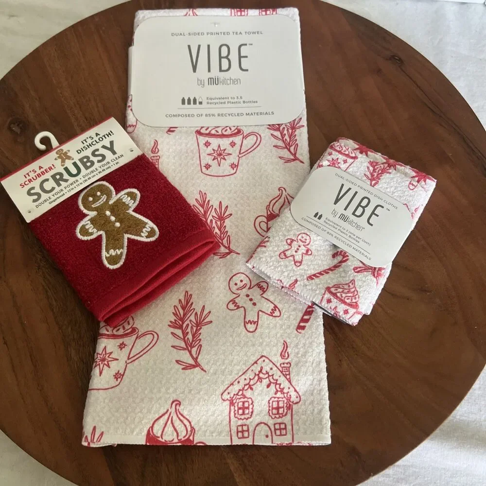 Vibe By MUkitchen 3 Pc Gingerbread Tea Towel Scrub Cloths New Recycled Material